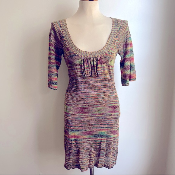 Guess Dresses & Skirts - Vintage 90s Guess Jeans Gold Bodycon Knit Dress Medium Rasta Red Yellow Green